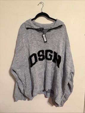 Boohoo Gray Knit Half-Zip Sweater with Black Logo